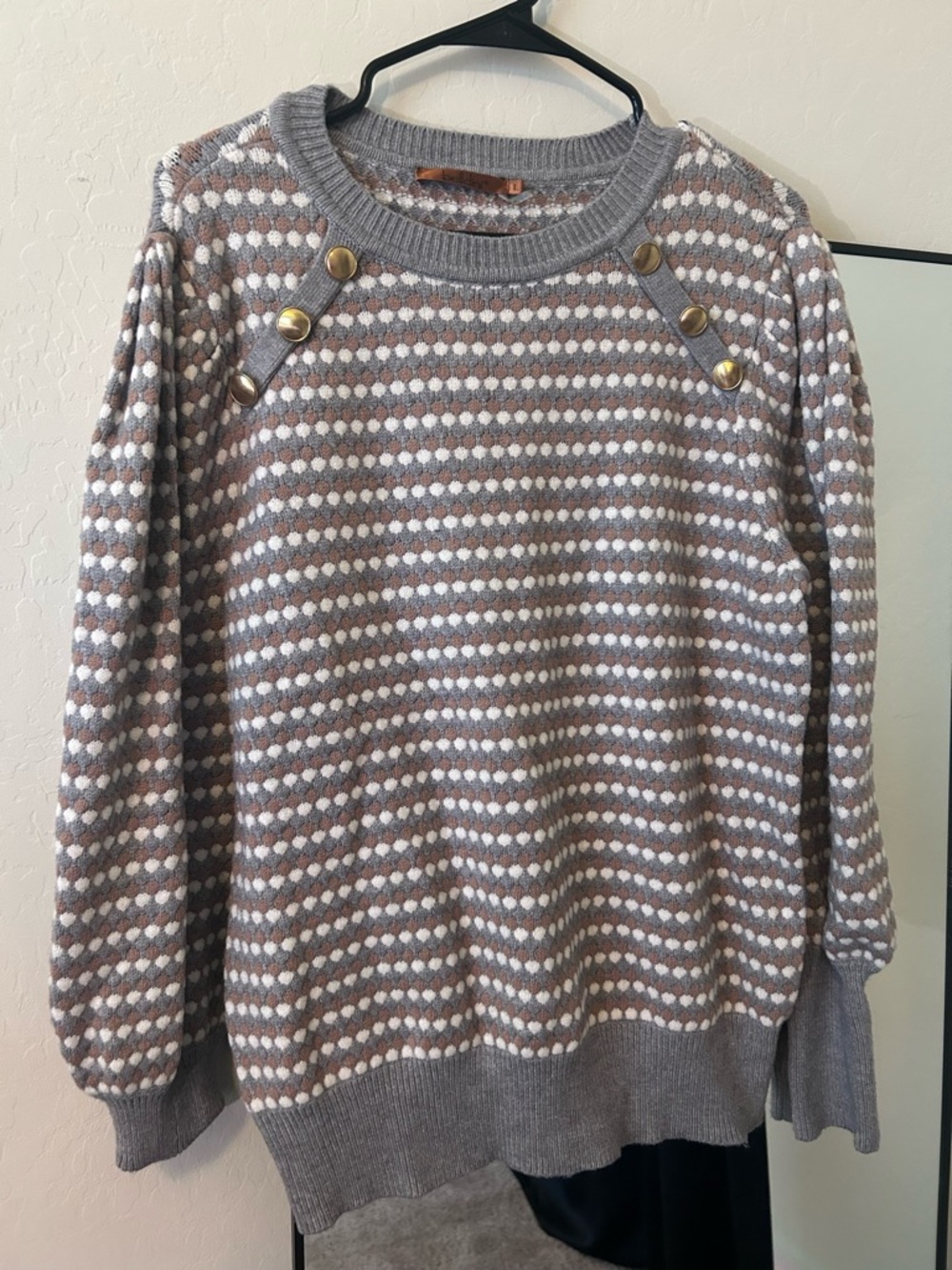 Belldini Gray and Cream Striped Crewneck Sweater with Gold Buttons